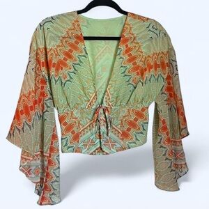 Tie-Front V-Neck Blouse in Light Green and Orange